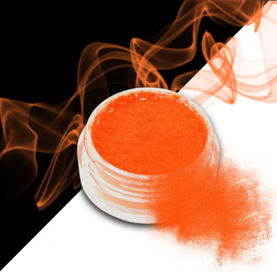 Frasco de pó solto laranja vibrante com fumo ao fundo