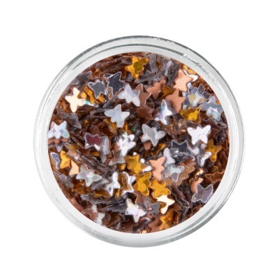 Pote transparente com pedaços metálicos em forma de borboleta coloridos.