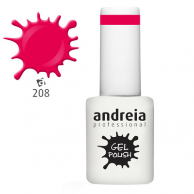Frasco branco de verniz gel da Andreia Professional com tampa branca e faixa rosa, mancha rosa 208.