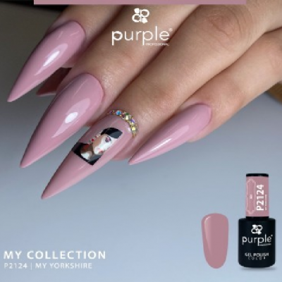 Unhas longas cor rosa claro com decoração e frasco de verniz gel Purple Professional cor P2124