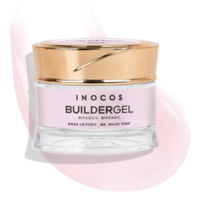 Frasco de gel de unhas bifásico rosa leitosa da Inocos com tampa dourada