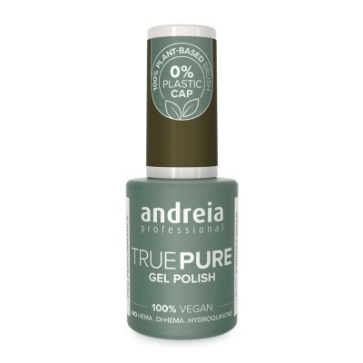 Frasco de verniz gel Andreia True Pure verde com texto branco e tampa verde