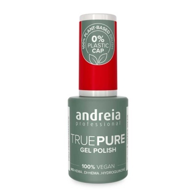 Verniz gel Andreia True Pure verde com tampa vermelha e selo com texto