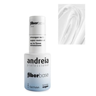 Verniz de gel Andreia Professional Fiberbase Clear em frasco branco com texto e textura do gel clara