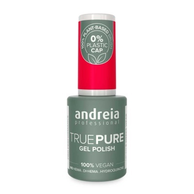 Verniz gel Andreia True Pure com frasco cinzento e tampa cor-de-rosa, texto branco