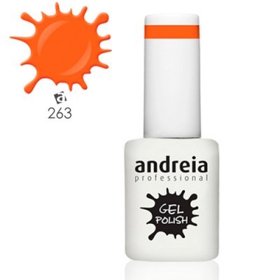 Frasco de verniz gel para unhas branco com tampa e faixa laranja e mancha laranja com número 263