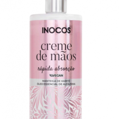 Frasco de creme de mãos Inocos rosa metálico com padrão floral branco e tampa de bomba