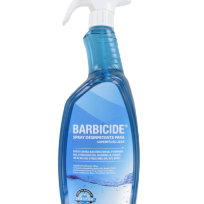 Frasco azul translúcido com pulverizador branco de spray desinfetante Barbicide