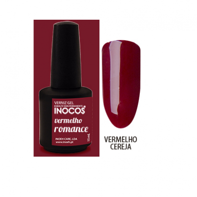 Esmalte gel vermelho cereja INOCOS em embalagem preta com tampa fosca