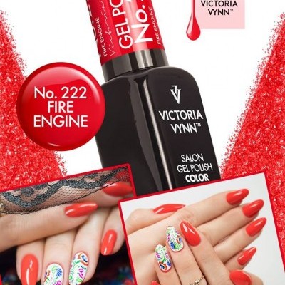Verniz gel vermelha Victoria Vynn No.222 Fire Engine com amostras de unhas decoradas
