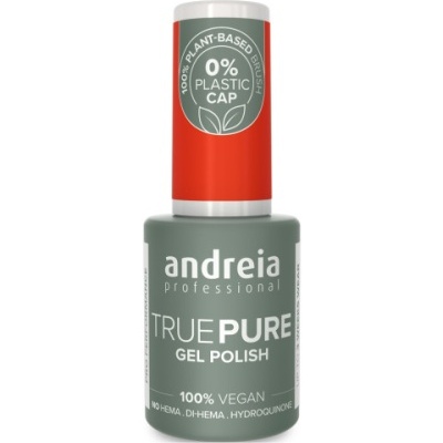 Frasco de verniz de gel para unhas Andreia True Pure com tampa vermelha e corpo cinzento.