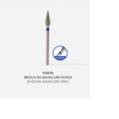 Broca de manicure russa metálica com detalhe azul e texto explicativo