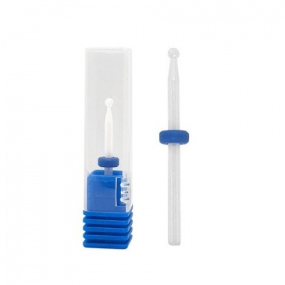 Broca de manicure com ponta esférica branca e base azul em estojo plástico