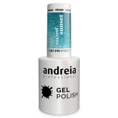 Esmalte gel Andreia Professional branco com tampa azul cintilante e texto