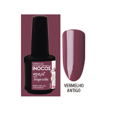 Verniz gel INOCOS Vermelho Antigo numa embalagem preta com tampa preta e amostra brilhante da cor.