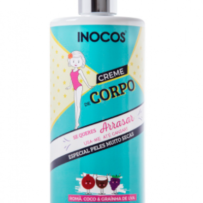 Frasco branco com doseador de creme de corpo INOCOS azul e amarelo com texto e ilustração