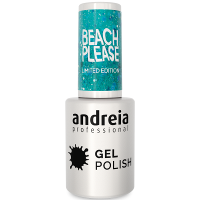 Verniz gel branco com tampa azul-turquesa com texto Beach Please