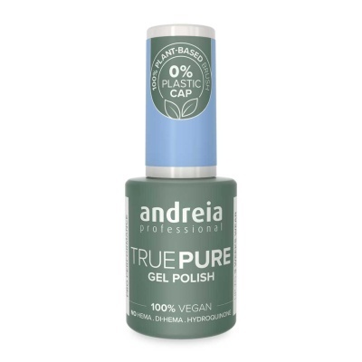 Frasco de verniz gel Andreia True Pure com tampa azul e corpo verde