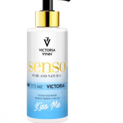 Frasco de creme hidratante de mãos e corpo Victoria Vynn Senso com doseador e texto colorido