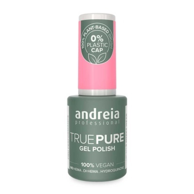 frasco de esmalte em gel Andreia True Pure com tampa rosa e rótulo verde