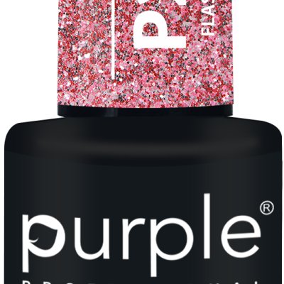 Frasco preto com tampa rosa brilhante e texto branco purple e FLASH