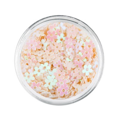 Recipiente transparente com flocos em forma de flores em tons pastel