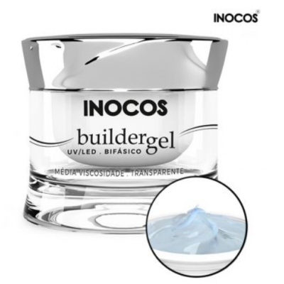 frasco de gel para unhas INOCOS buildergel bifásico transparente com tampa prateada