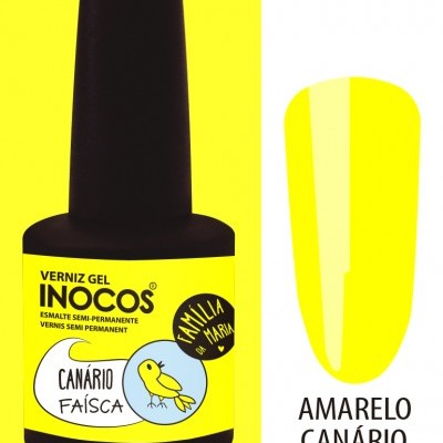 Frasco de verniz gel amarelo neon Canário Faísca da Inocos com rótulo amarelo e preto