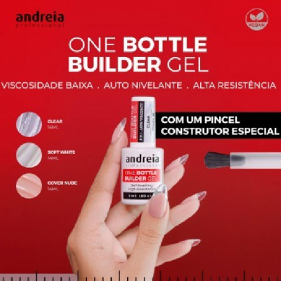 Frasco de gel de construção para unhas Andreia Professional numa mão, com texto e cores disponíveis