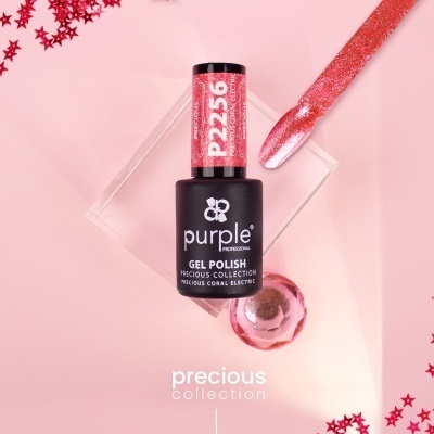 Esmalte em gel coral eléctrico Purple Professional P2256 em fundo rosa com estrelas vermelhas