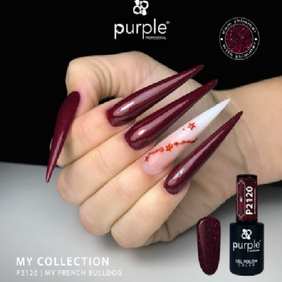 Unha longa com verniz de gel borgonha e branco decorado com flores