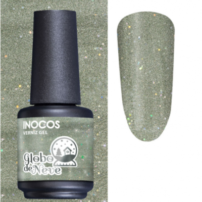 Frasco de verniz gel verde com brilho Globo de Neve INOCOS e amostra da cor
