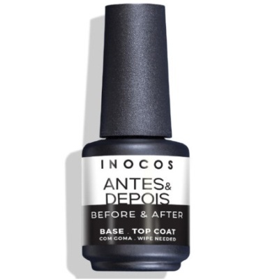 Frasco de verniz para unhas INOCOS com rótulo preto e branco