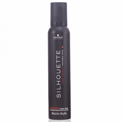 Frasco preto de mousse para cabelo Schwarzkopf Silhouette com texto branco e laranja