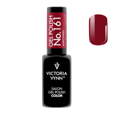 Frasco de verniz gel Victoria Vynn número 161 e amostra da cor bordô.
