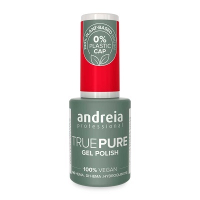 Frasco de verniz de unhas gel verde com tampa vermelha e texto profissional da andreia.