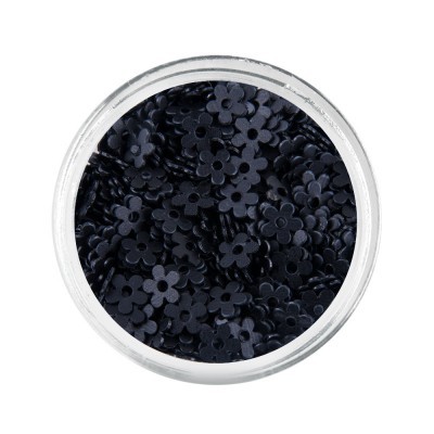 Recipiente transparente com lantejoulas pretas em forma de flor.