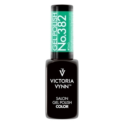 Frasco de verniz gel preto com tampa verde-água e texto branco