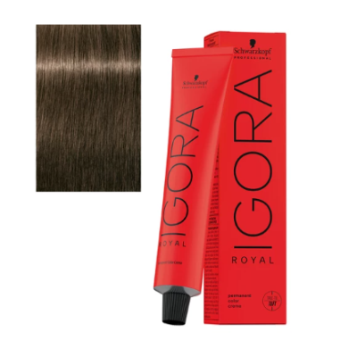 Tubo e caixa de tinta de cabelo IGORA ROYAL em vermelho com amostra de cabelo castanho esfumaçado