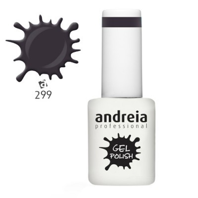 Frasco de verniz gel Andreia Professional branco com texto preto e amostra de cor negra 299