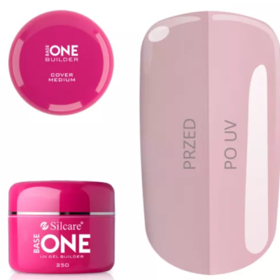 Pote rosa de gel UV para unhas Silcare e amostra de cor nude com texto