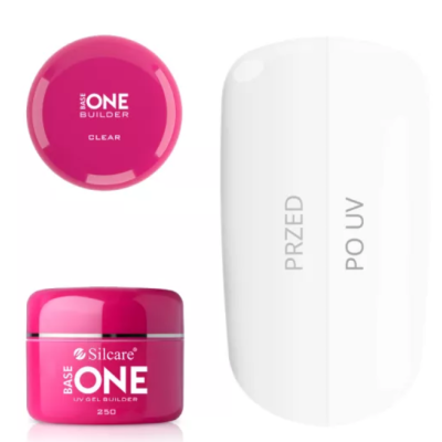 Frasco rosa de gel para unhas Silcare Base One e unha artificial mostrando resultado antes e depois.