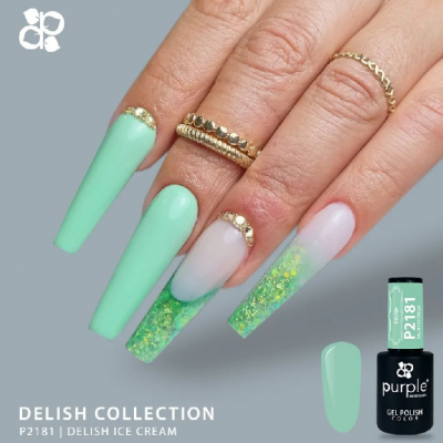 Unhas compridas verde menta e transparentes com detalhes brilhantes, frasco de verniz gel preto e verde Purple P2181