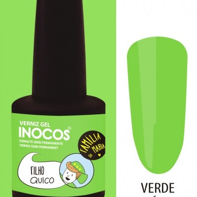 Verniz gel Inocos verde néon em frasco preto com rótulo verde