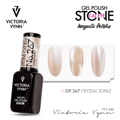 Frasco de verniz gel preto Victoria Vynn com rótulo No.267 e amostras de cor Crystal Topaz