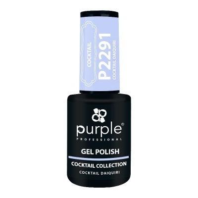 Frasco de verniz em gel para unhas, cor lilás, com tampa preta e rótulo com texto branco