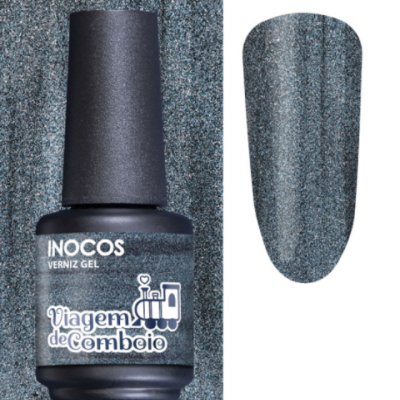 Frasco de verniz gel cinza com partículas brilhantes e amostra da cor