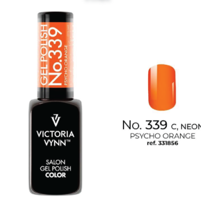 Frasco de verniz gel Victoria Vynn cor Psycho Orange nº 339 com amostra da cor laranja neón