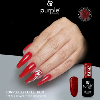 Verniz de unhas vermelho brilhante com padrão branco decorativo e frasco da Purple P2127