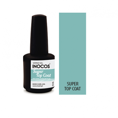 Frasco de verniz gel Inocos Super Top Coat com amostra da cor azul esverdeada